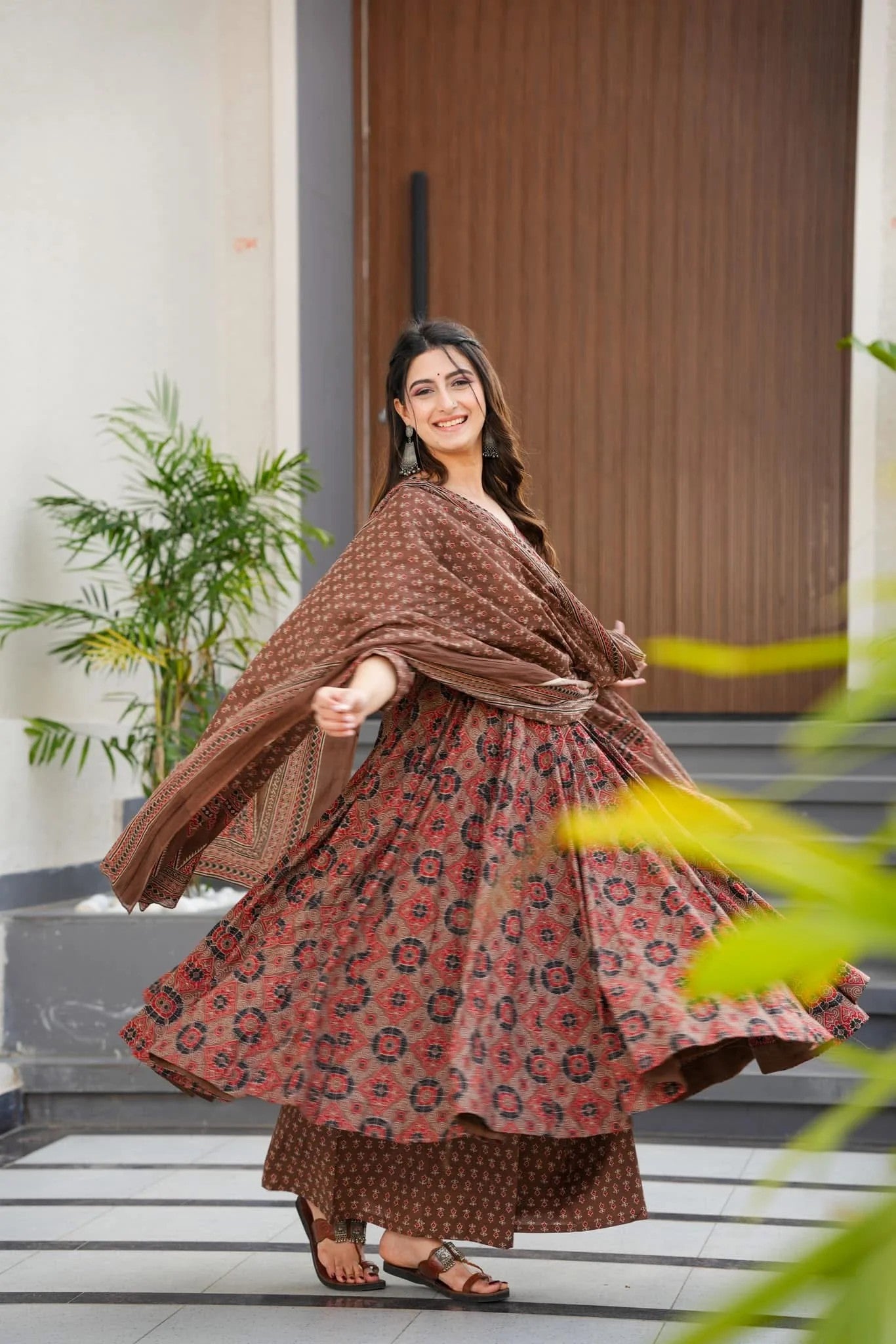 Women's Brown Printed Anarkali Kurta Set with Dupatta