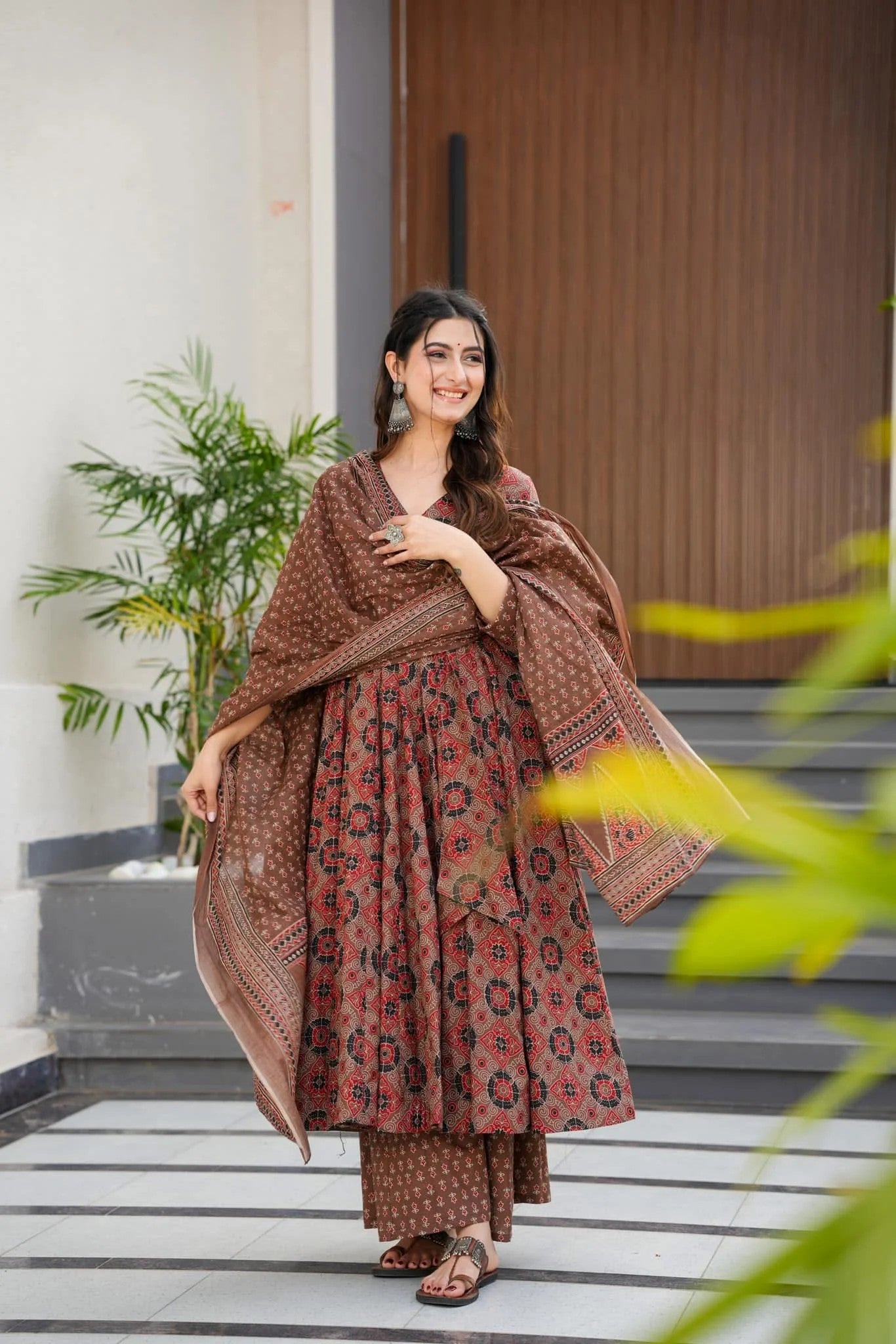 Women's Brown Printed Anarkali Kurta Set with Dupatta