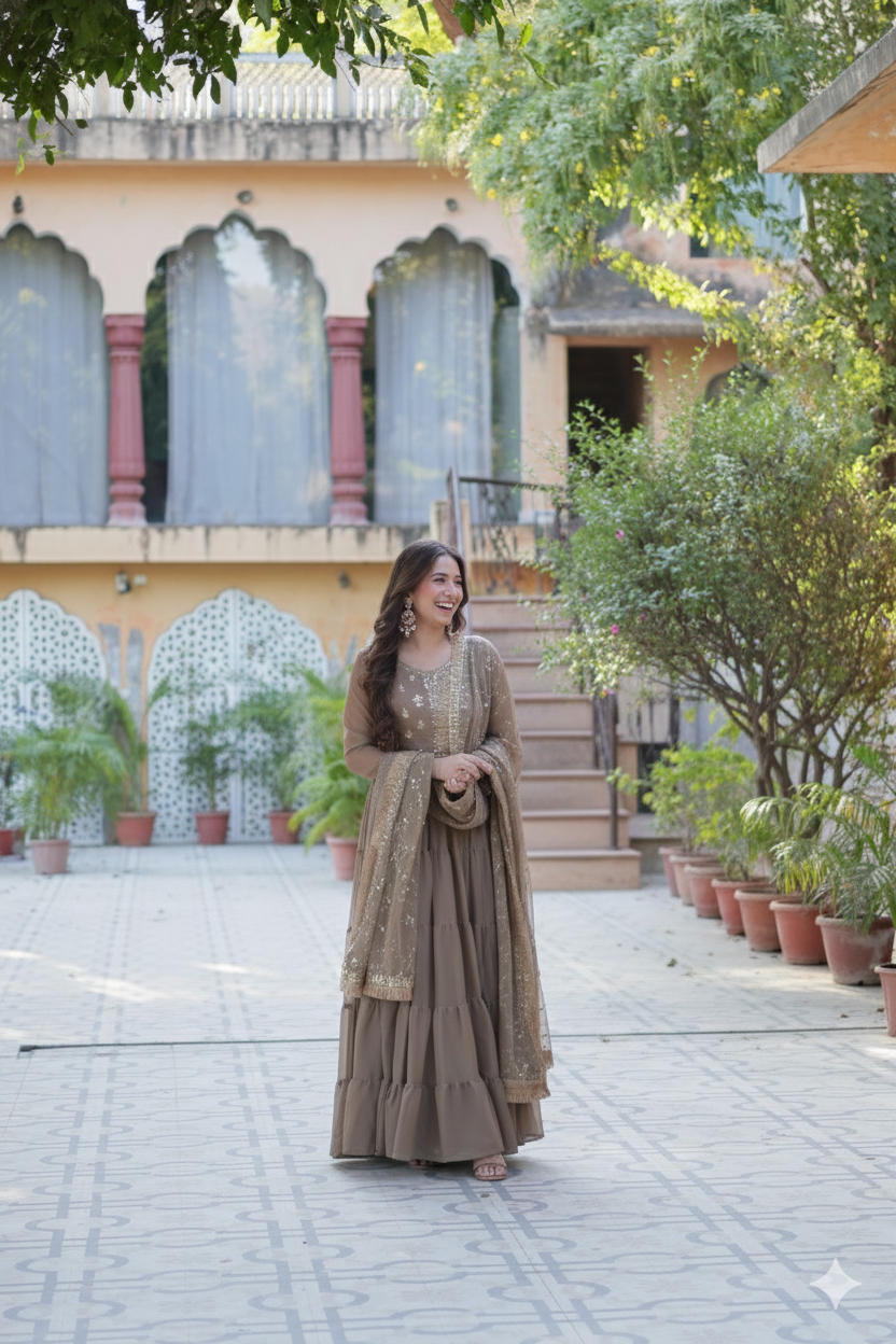 Brown Embroidered Anarkali Kurta Set with Dupatta