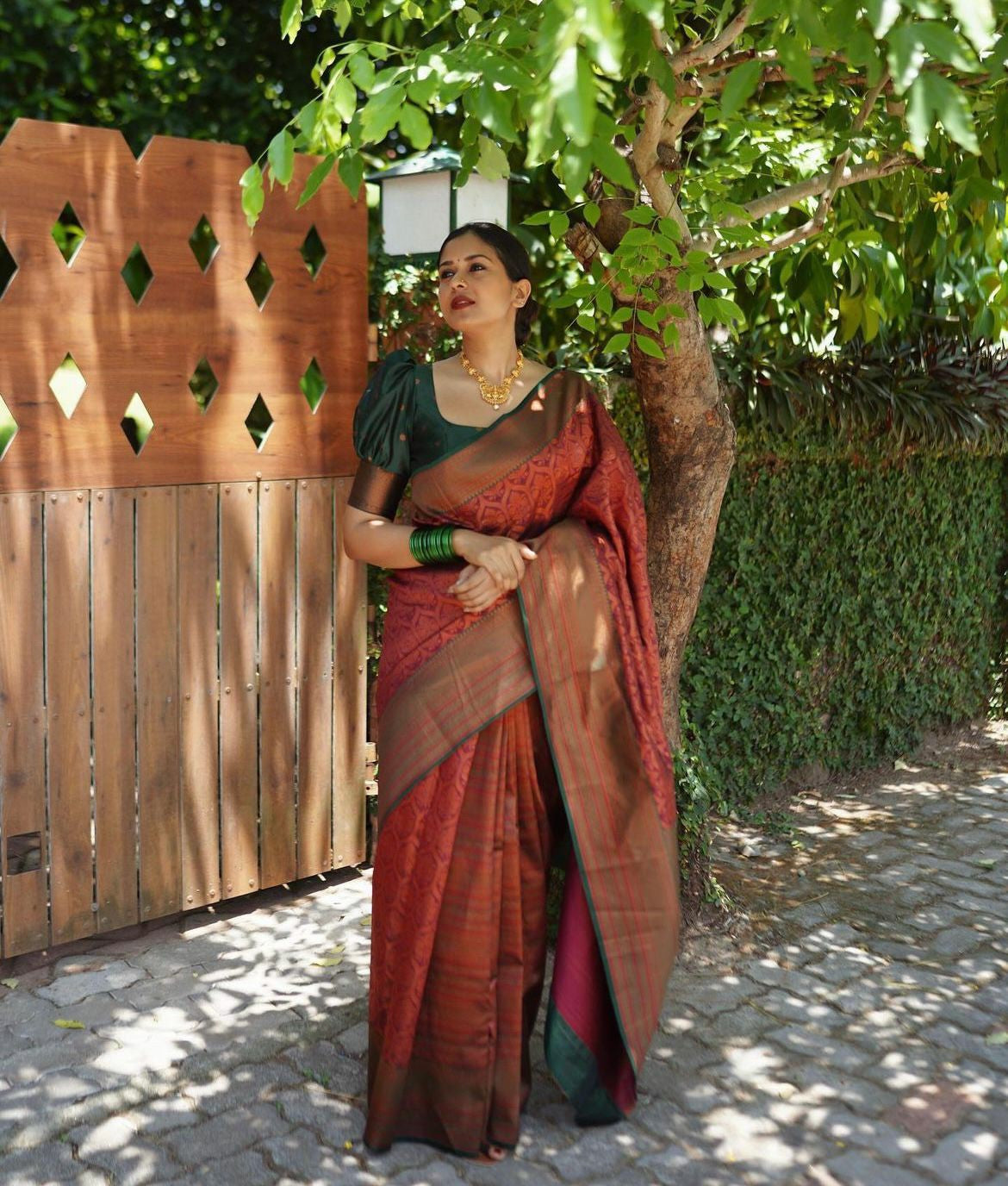 Brown Silk Saree with Rust & Green Accents