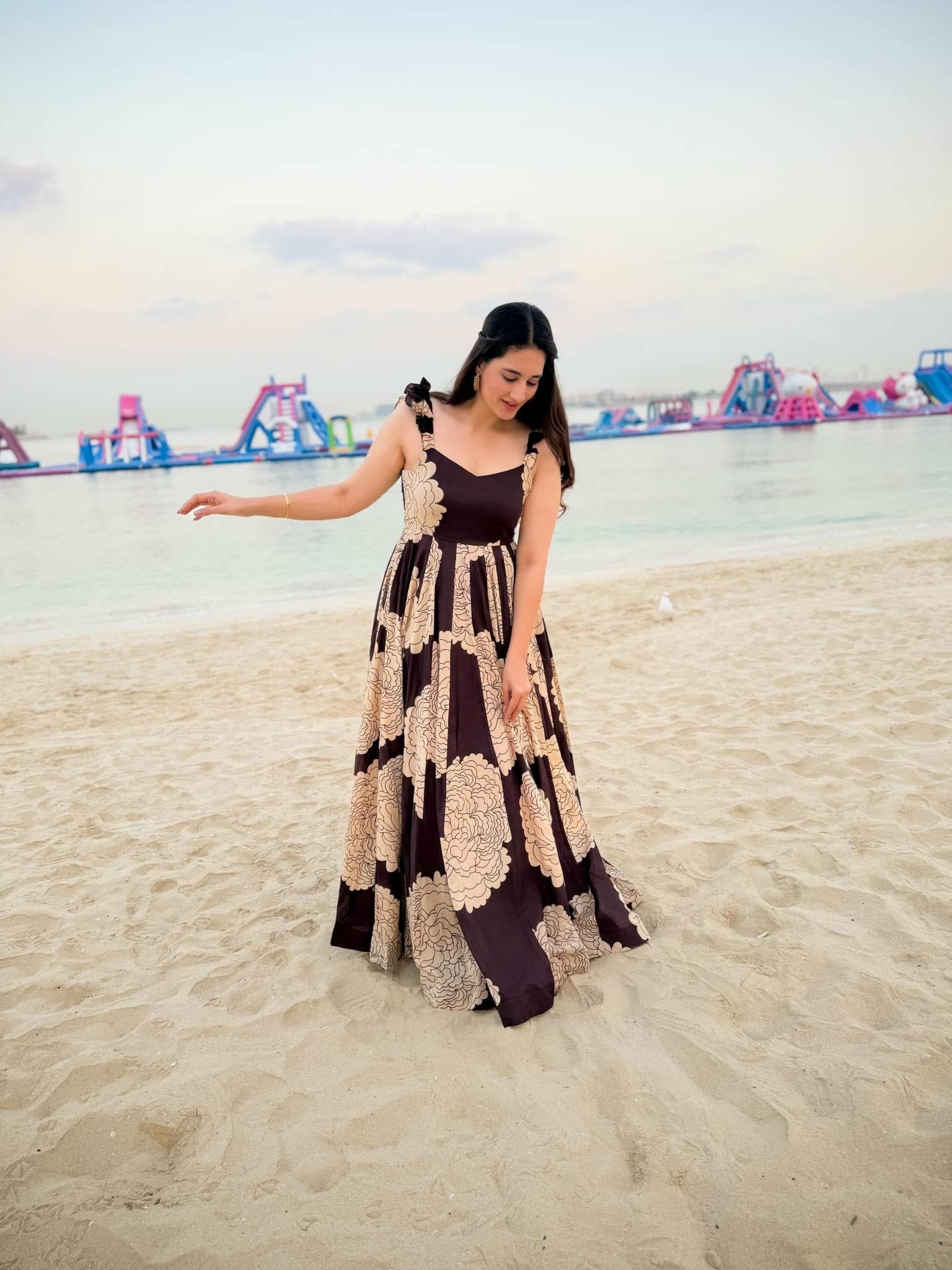 Chocolate Brown Bold Floral Maxi Dress