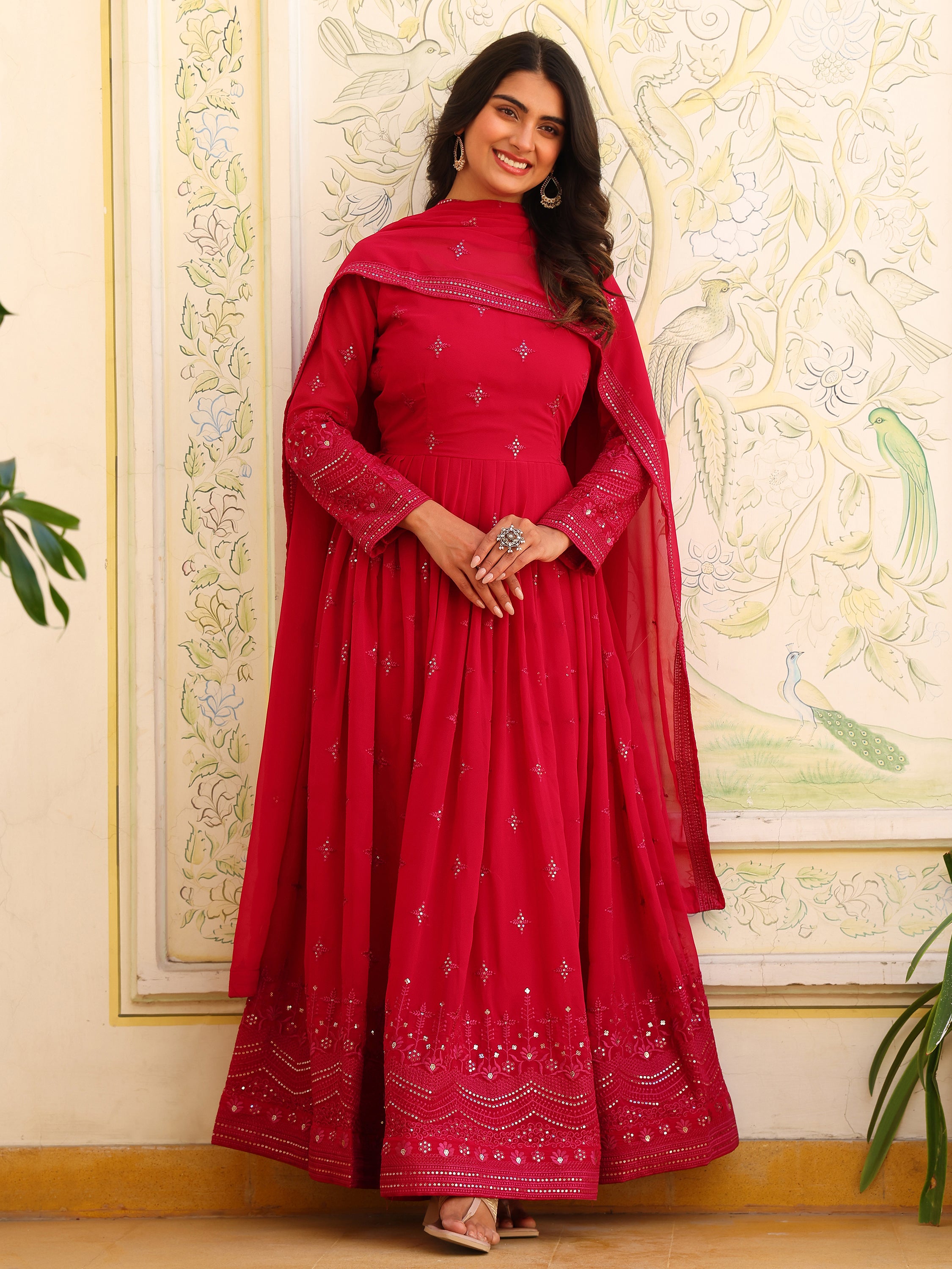 Cherry Pink Anarkali Kurti with Dupatta for Women