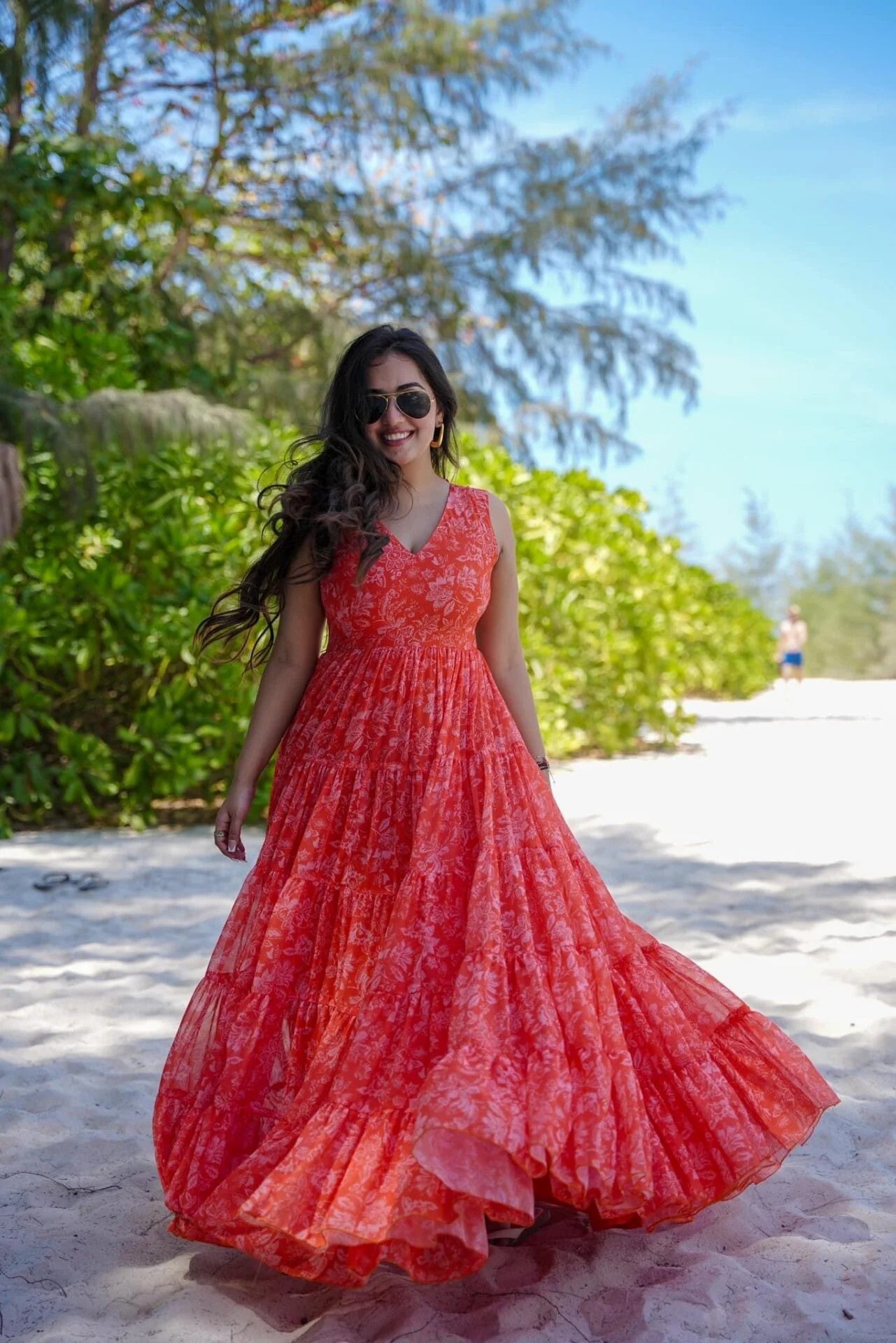 Coral Floral Tiered Maxi Dress - Sleeveless V-Neck Tropical Summer Gown