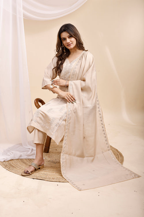 Beige Embroidered Kurta Set with Dupatta for Women