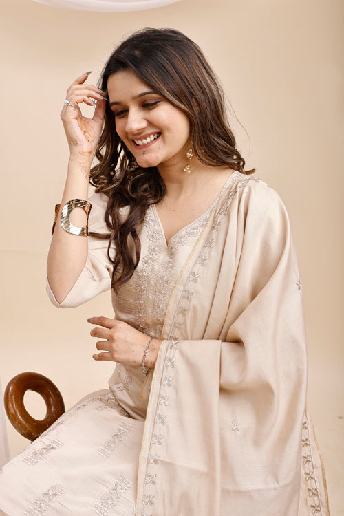 Beige Embroidered Kurta Set with Dupatta for Women