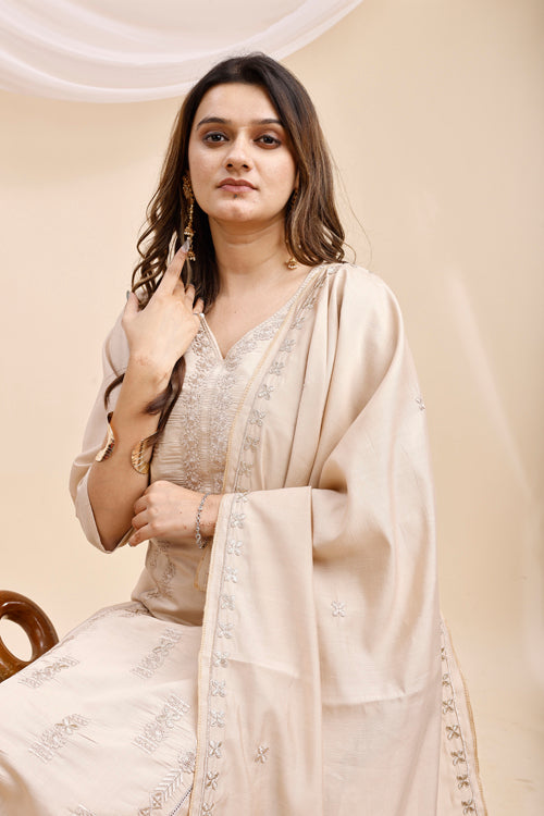 Beige Embroidered Kurta Set with Dupatta for Women