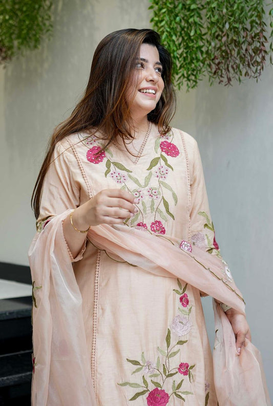 Elegant Peach Embroidered Cotton Kurta Set with Dupatta