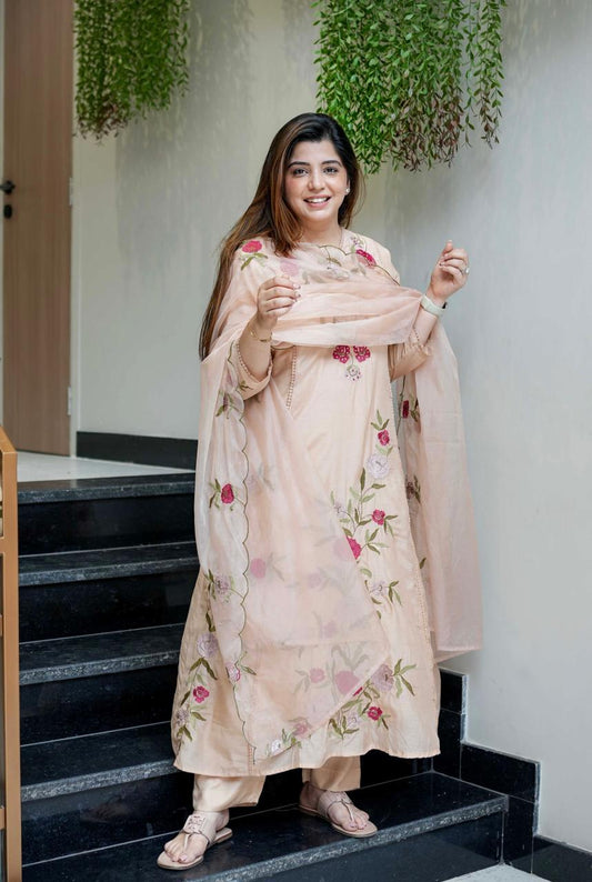 Elegant Peach Embroidered Cotton Kurta Set with Dupatta