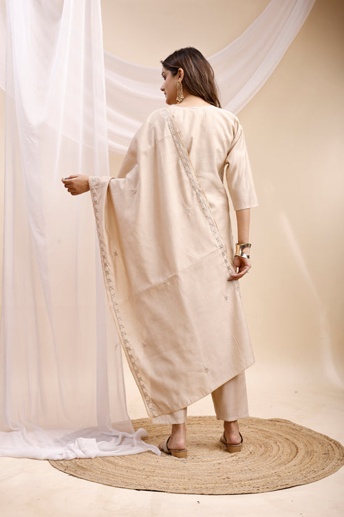 Beige Embroidered Kurta Set with Dupatta for Women