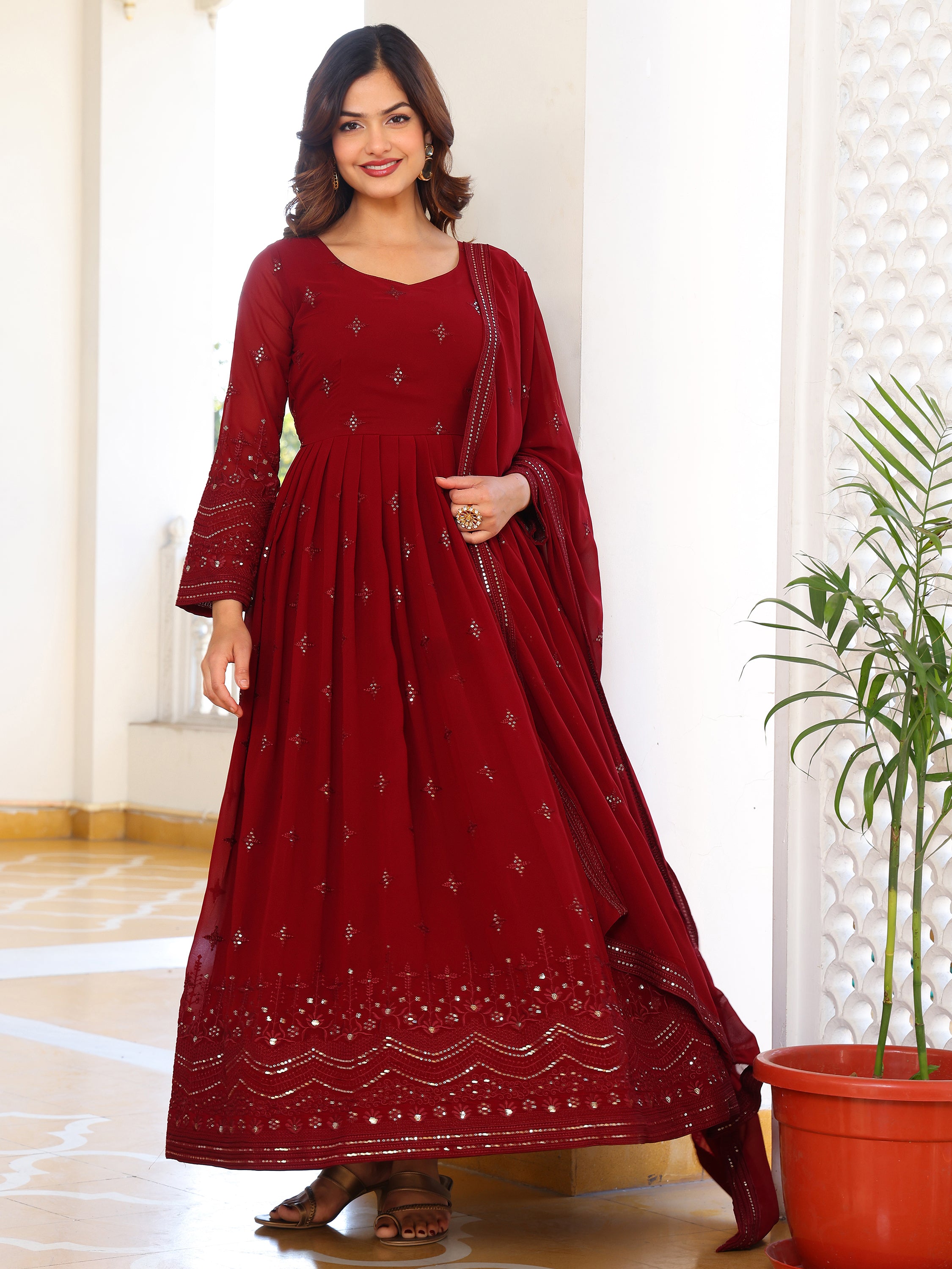 Crimson Maroon Anarkali Kurti with Dupatta for Women