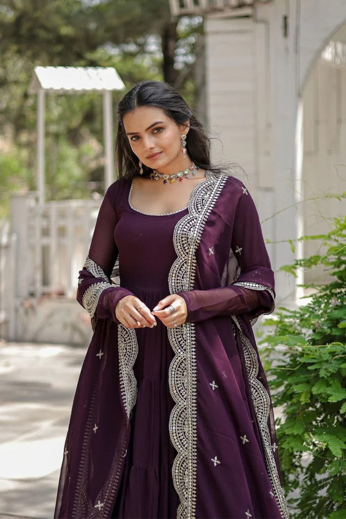 Dark Purple Anarkali Gown with Embroidered Dupatta for Women