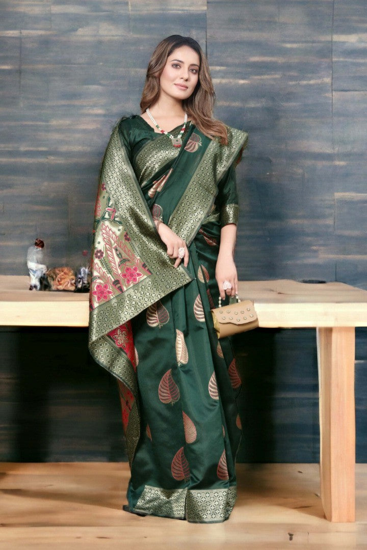 Dark Green Silk Saree with Gold Motifs & Floral Pallu