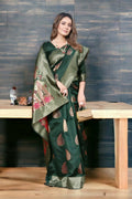 Dark Green Silk Saree with Gold Motifs & Floral Pallu