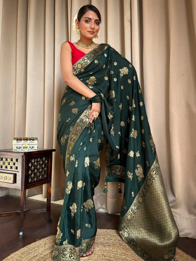 Dark  Green Silk Saree with Gold Zari Work