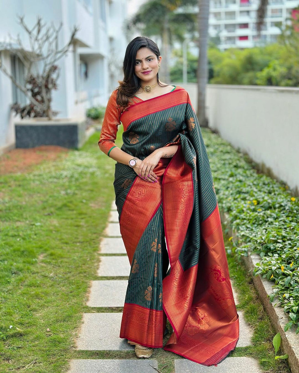 Dark Green Silk Saree with Red & Gold Border