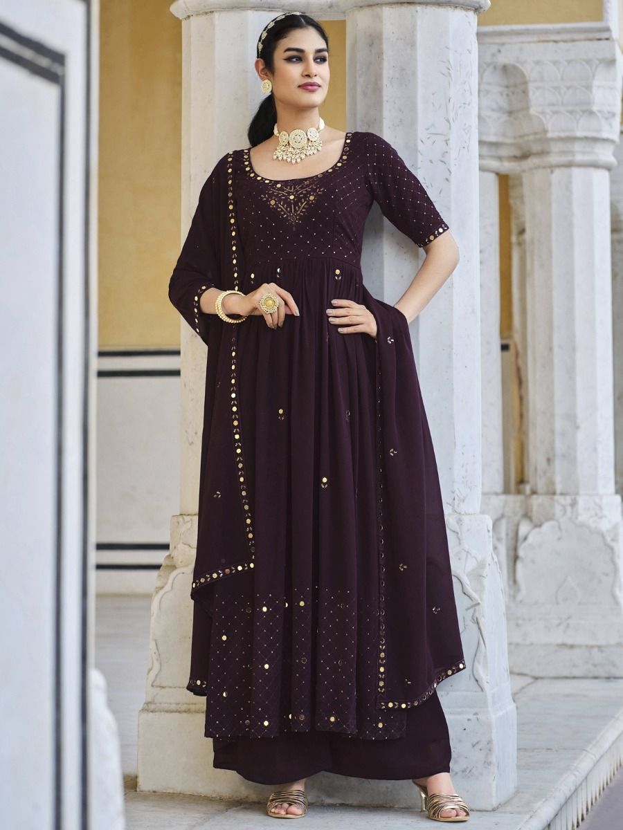 Dark Wine Purple Anarkali Kurta Set with Embellished Dupatta for Women