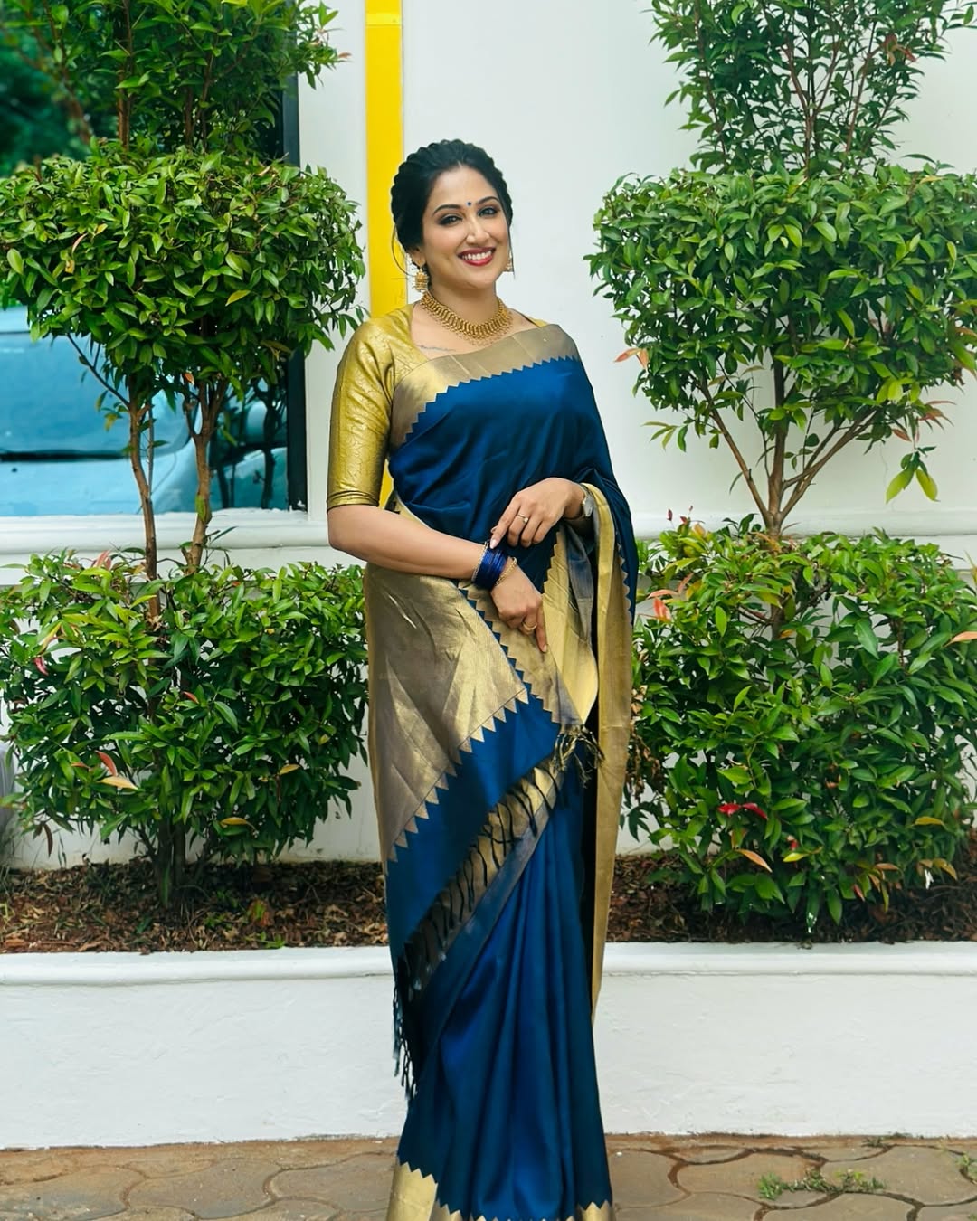 Deep Blue Silk Saree with Gold Zari Border