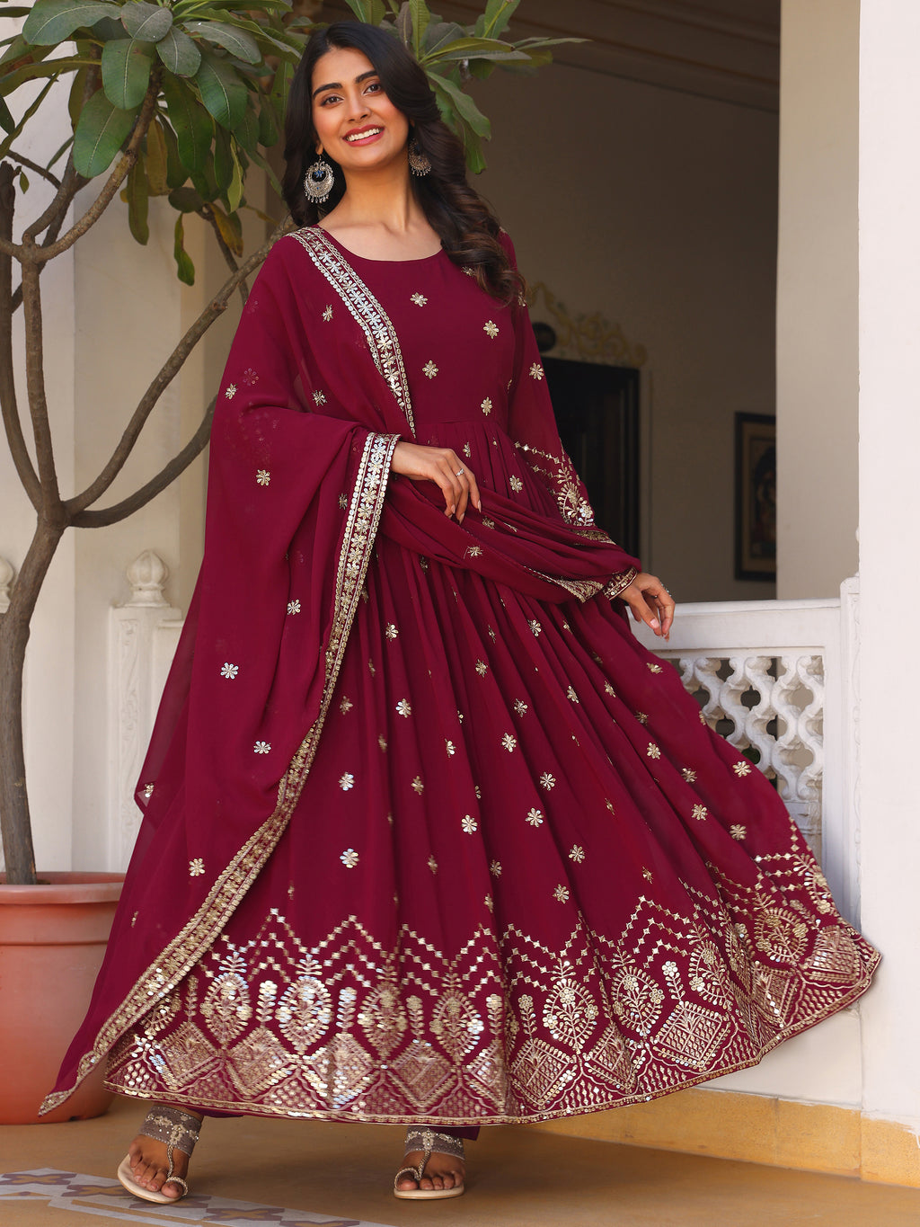 Deep Purple Embroidered Anarkali Kurti with Dupatta for Women