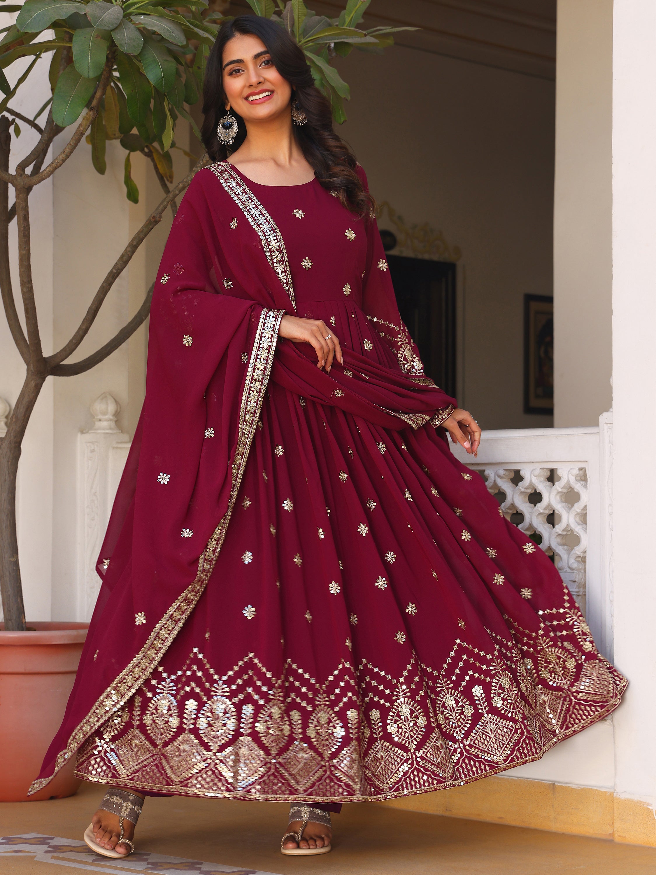 Deep Purple Embroidered Anarkali Kurti with Dupatta for Women