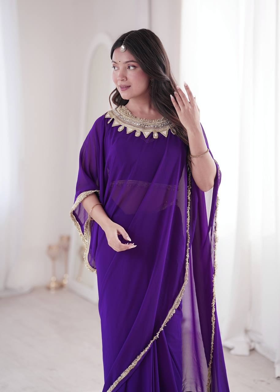Designer Purple Pre-Stitched Kaftan Saree - Embellished Border