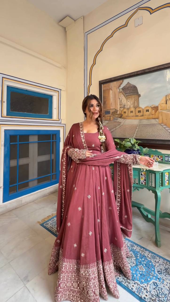 Dusty Rose Embroidered Anarkali Suit with Dupatta