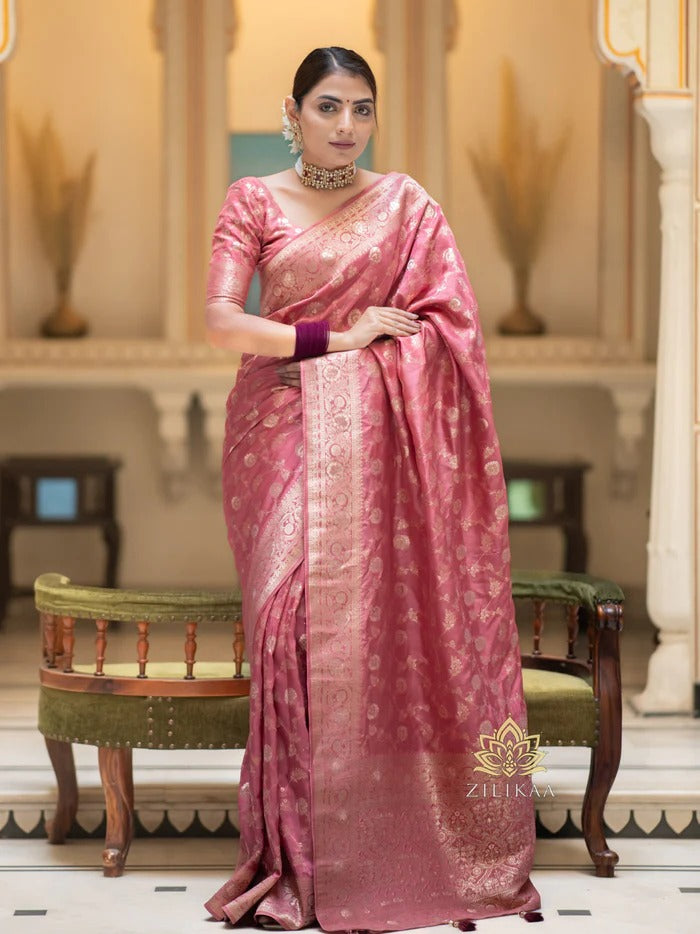 Dusty Rose Pink Silk Saree with Gold Zari Work