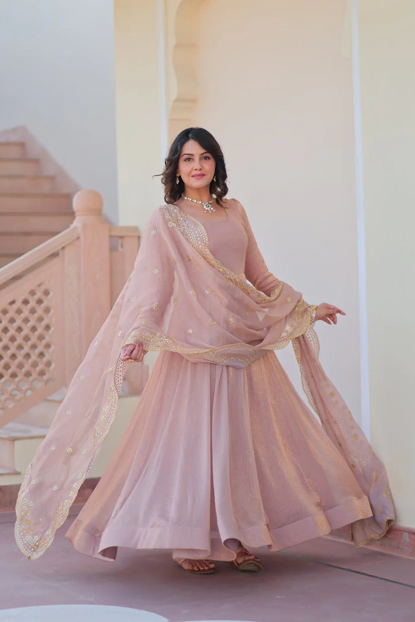 Dusty Rose Silk Tissue Flared Anarkali Suit Set