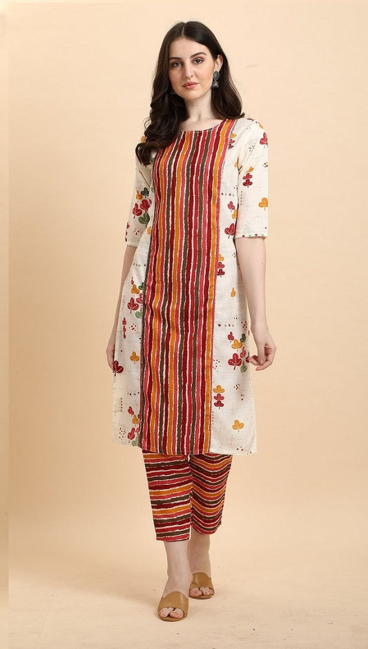 Casual Wear Printed Cream Kurti Pant