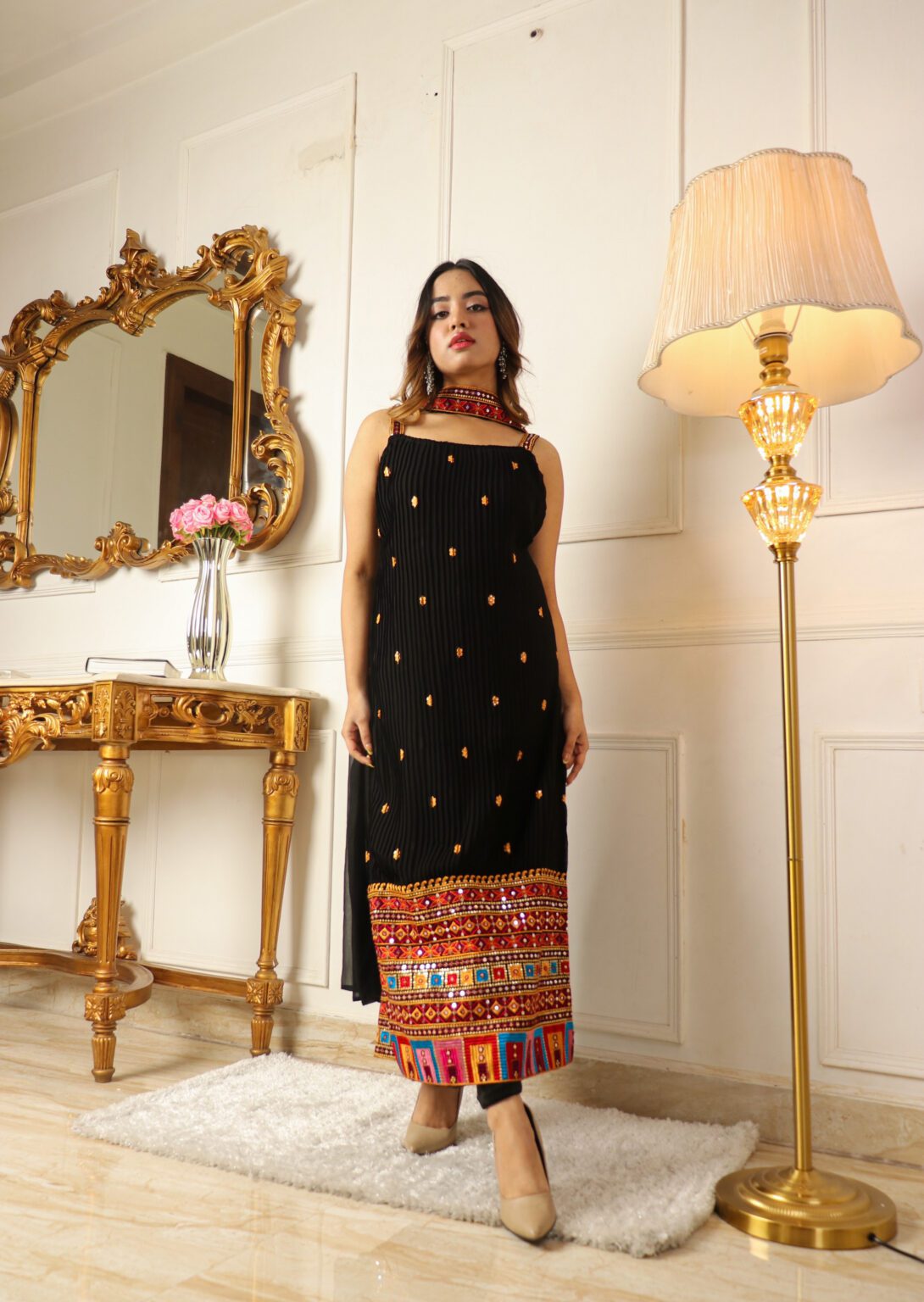 Black Embroidered Kurta Set for Women with Palazzo Pants | Ethnic Printed Designer Kurti Outfit