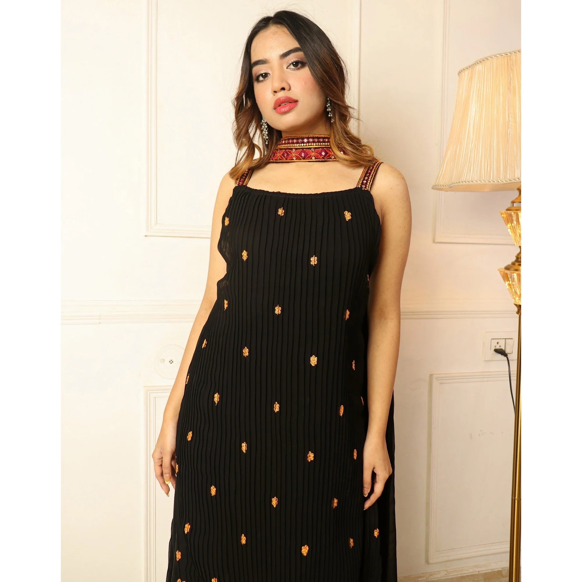 Black Embroidered Kurta Set for Women with Palazzo Pants | Ethnic Printed Designer Kurti Outfit