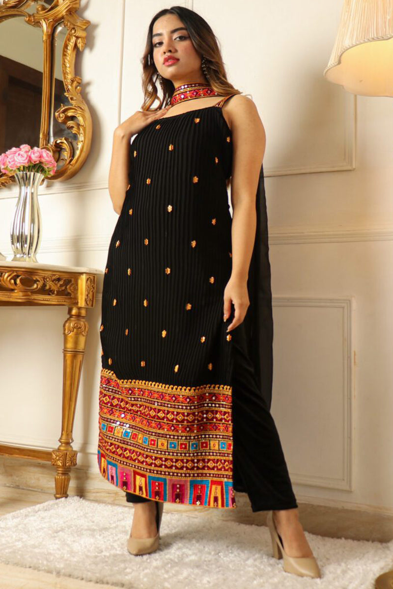 Black Embroidered Kurta Set for Women with Palazzo Pants | Ethnic Printed Designer Kurti Outfit