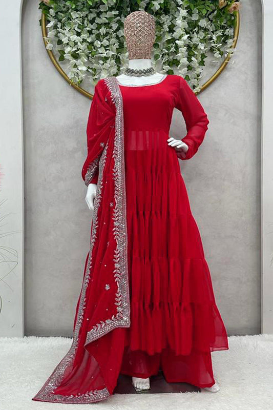 Festival Wear Flared Red Anarkali Suit