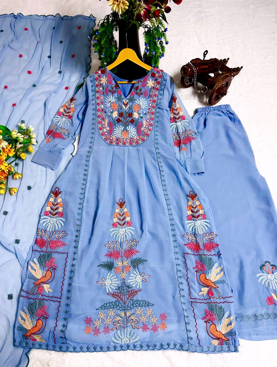 Light Blue Embroidered Kurta Set with Dupatta | Elegant Festive Wear Suit for Women