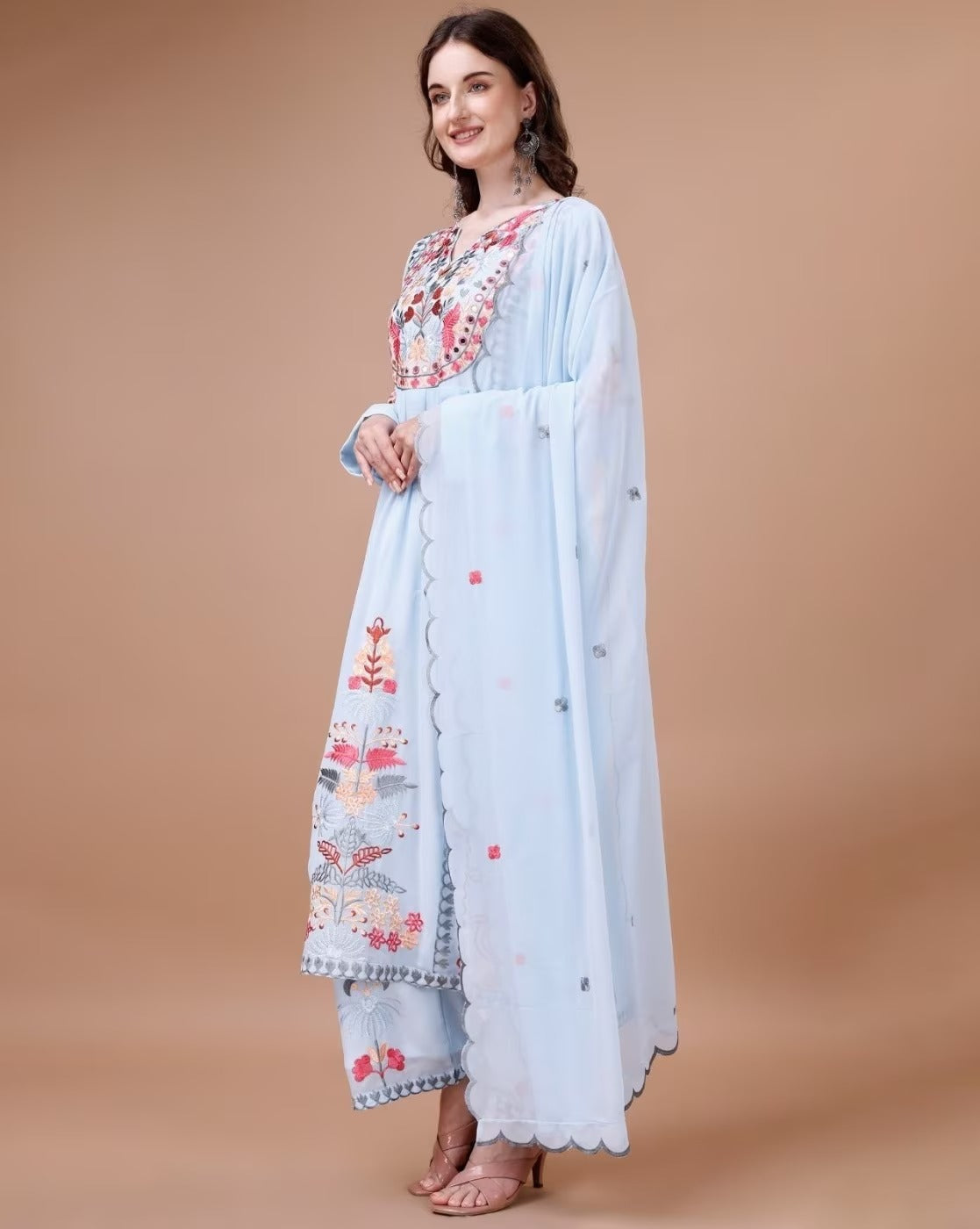Light Blue Embroidered Kurta Set with Dupatta | Elegant Festive Wear Suit for Women