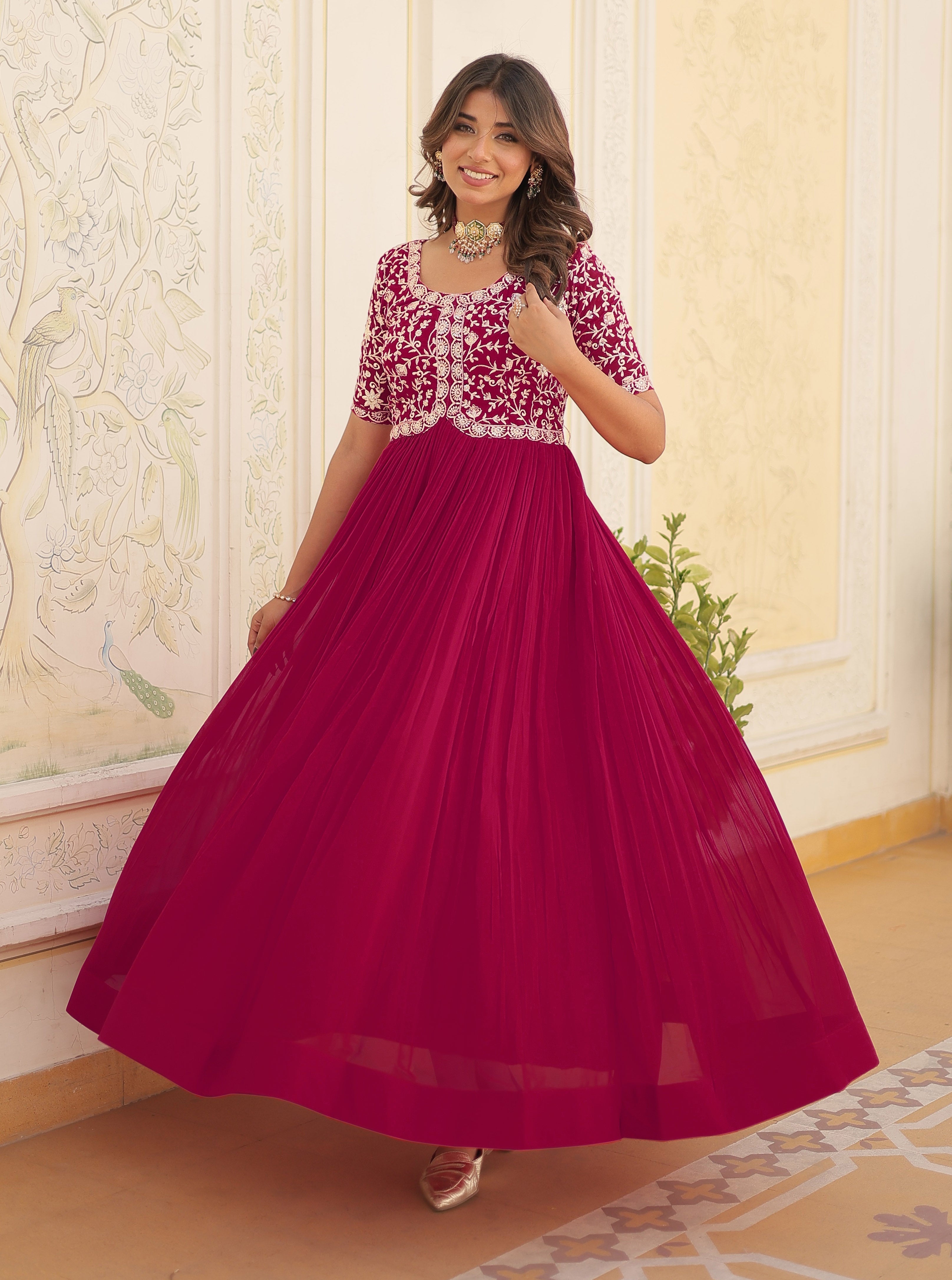 Pink Designer Embroidered Anarkali Gown Elegant Party Wear Dress 