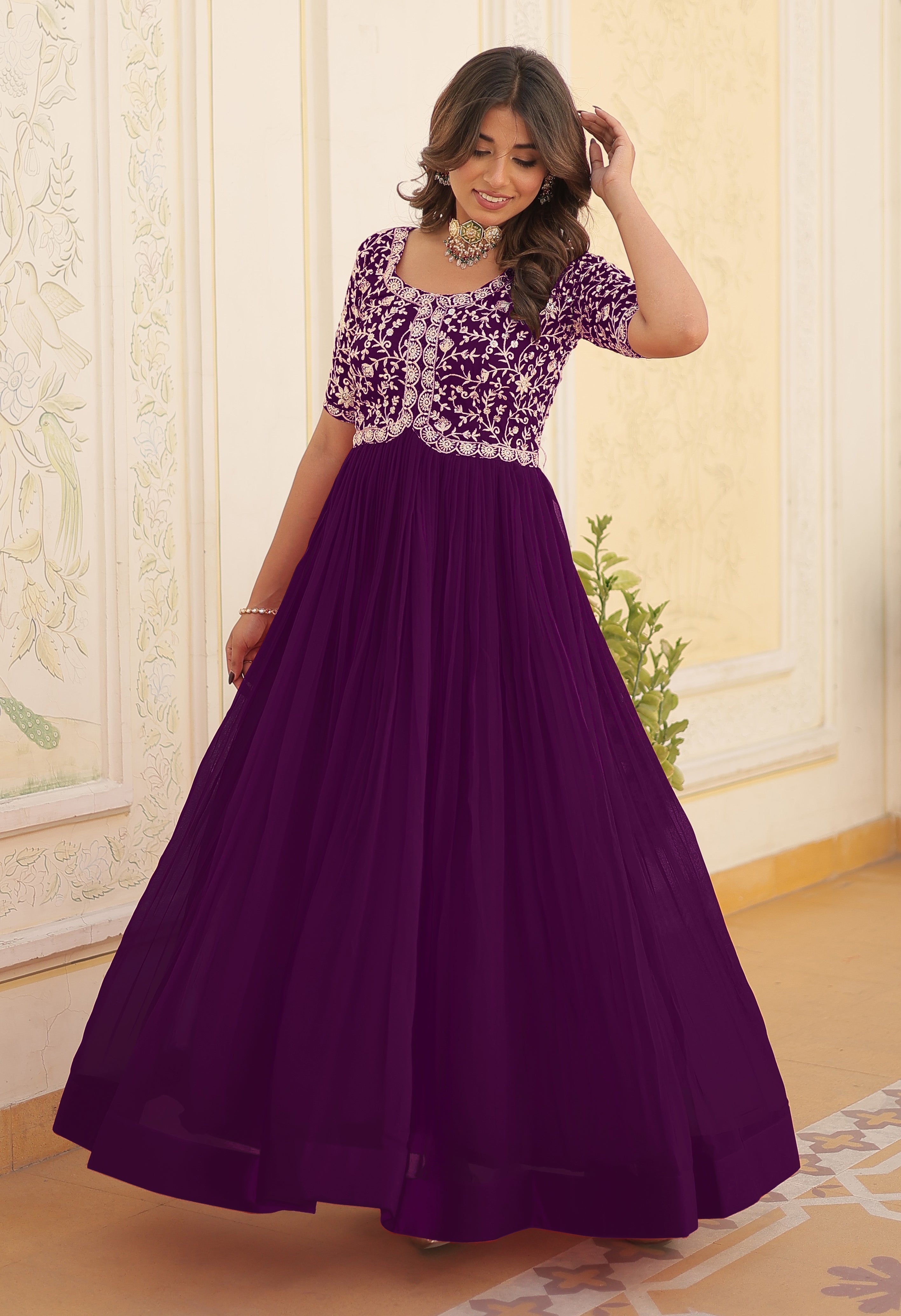 Purple Designer Embroidered Anarkali Gown for Women Festive Party Wear