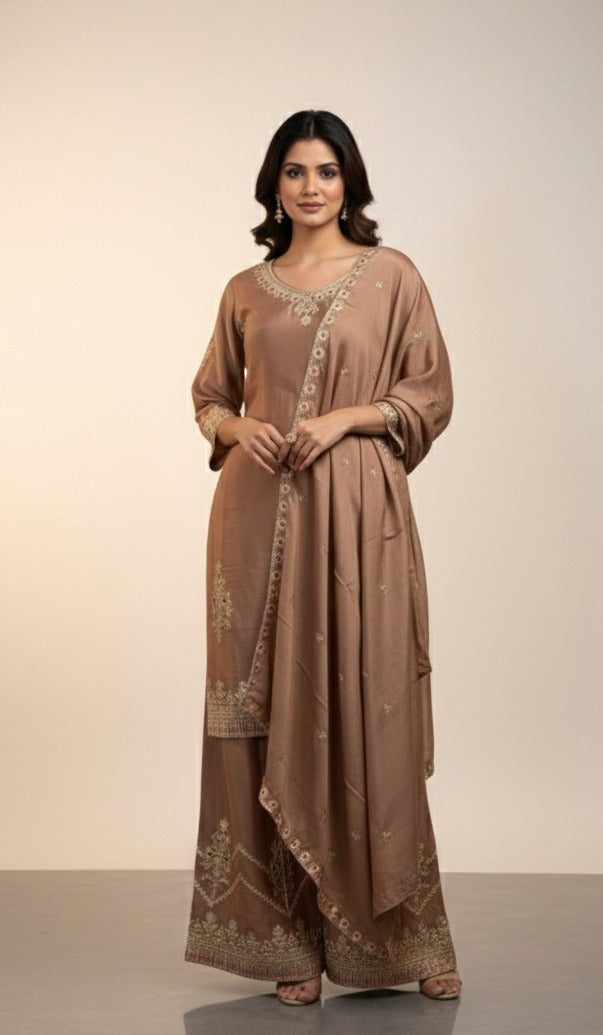 Elegant Brown Embroidered Kurta Palazzo Set with Dupatta for Women