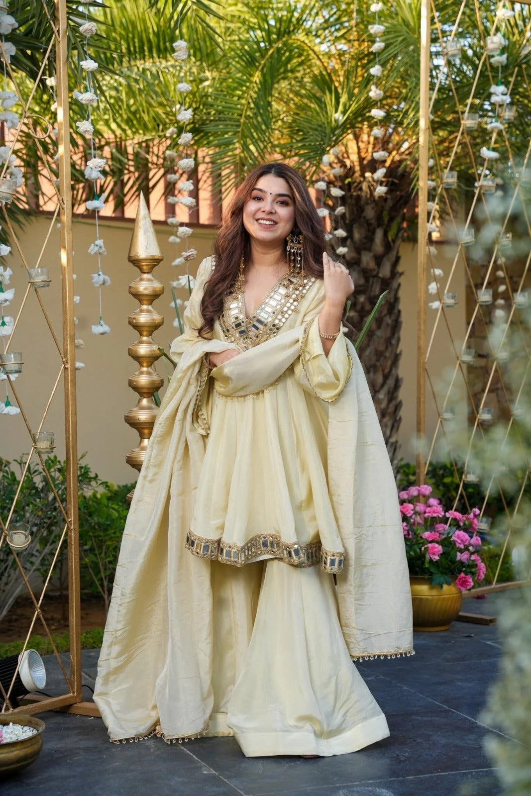 Elegant Cream Embroidered Kurta Sharara Set with Dupatta for Women