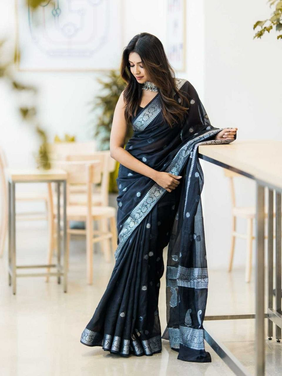 Elegant Designer Saree with Woven Border & Subtle Motifs for Festive Wear
