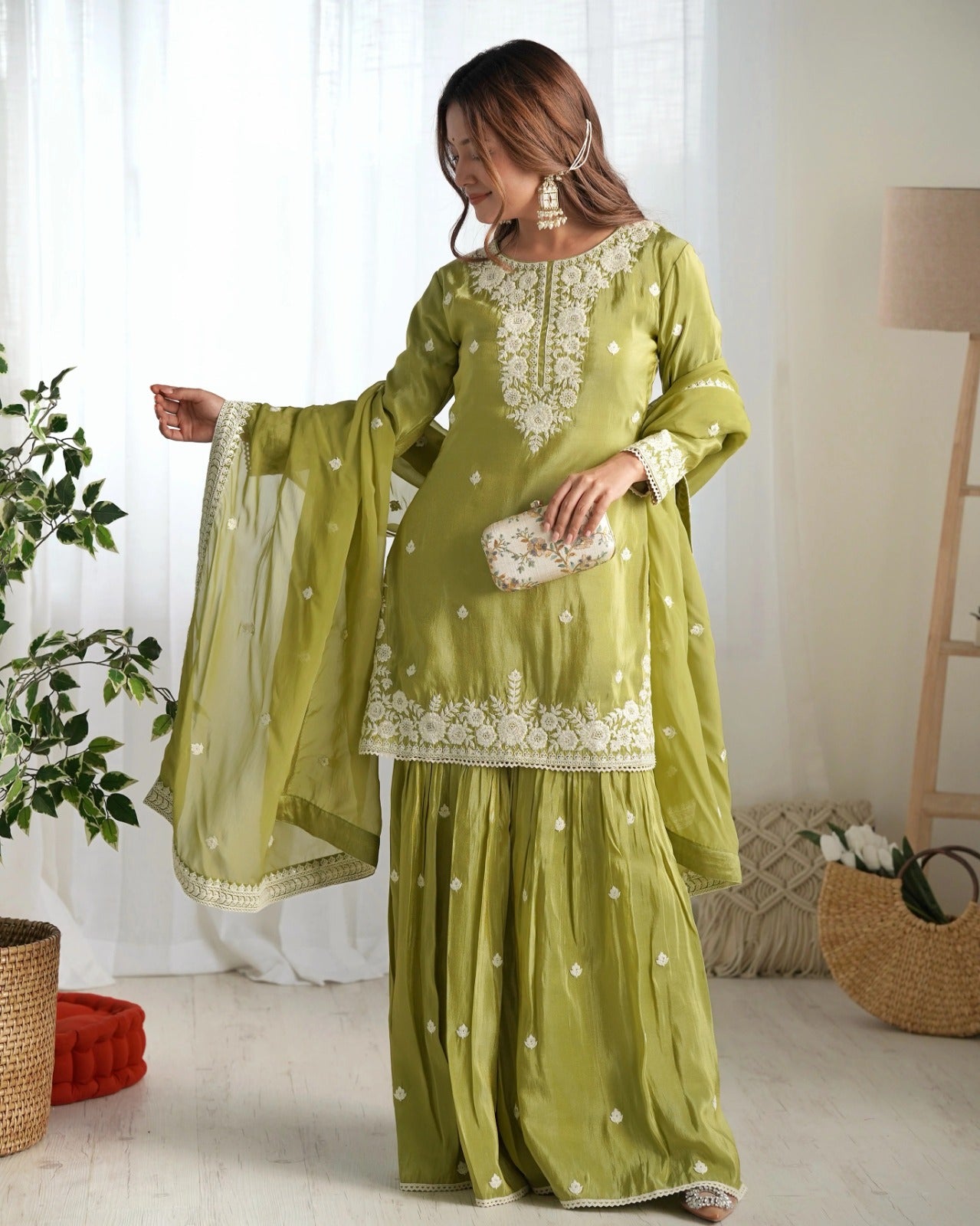 Elegant Light Green Embroidered Kurta Sharara Set with Dupatta for Women