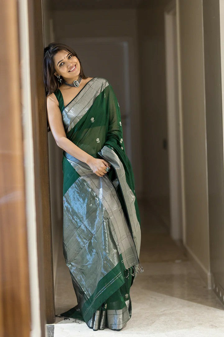 Elegant Linen Silk Saree with Metallic Border & Minimal Motifs