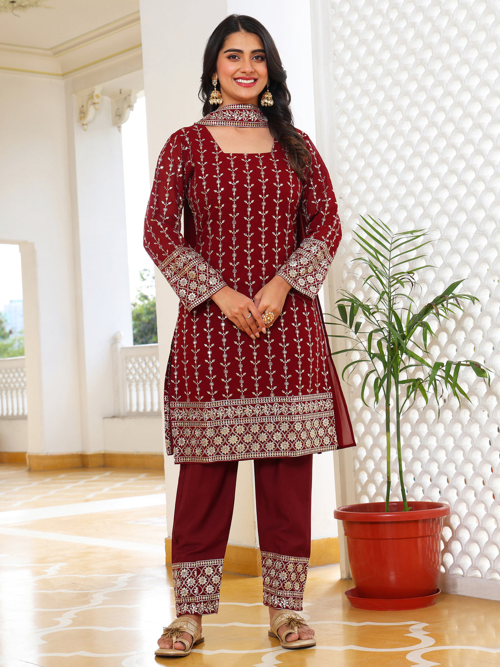 Elegant Maroon Straight Kurta Set with Silver Embroidery and Trousers