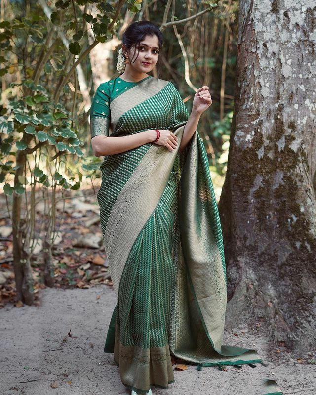 Elegant Olive Green Silk Saree with Gold Zari Border