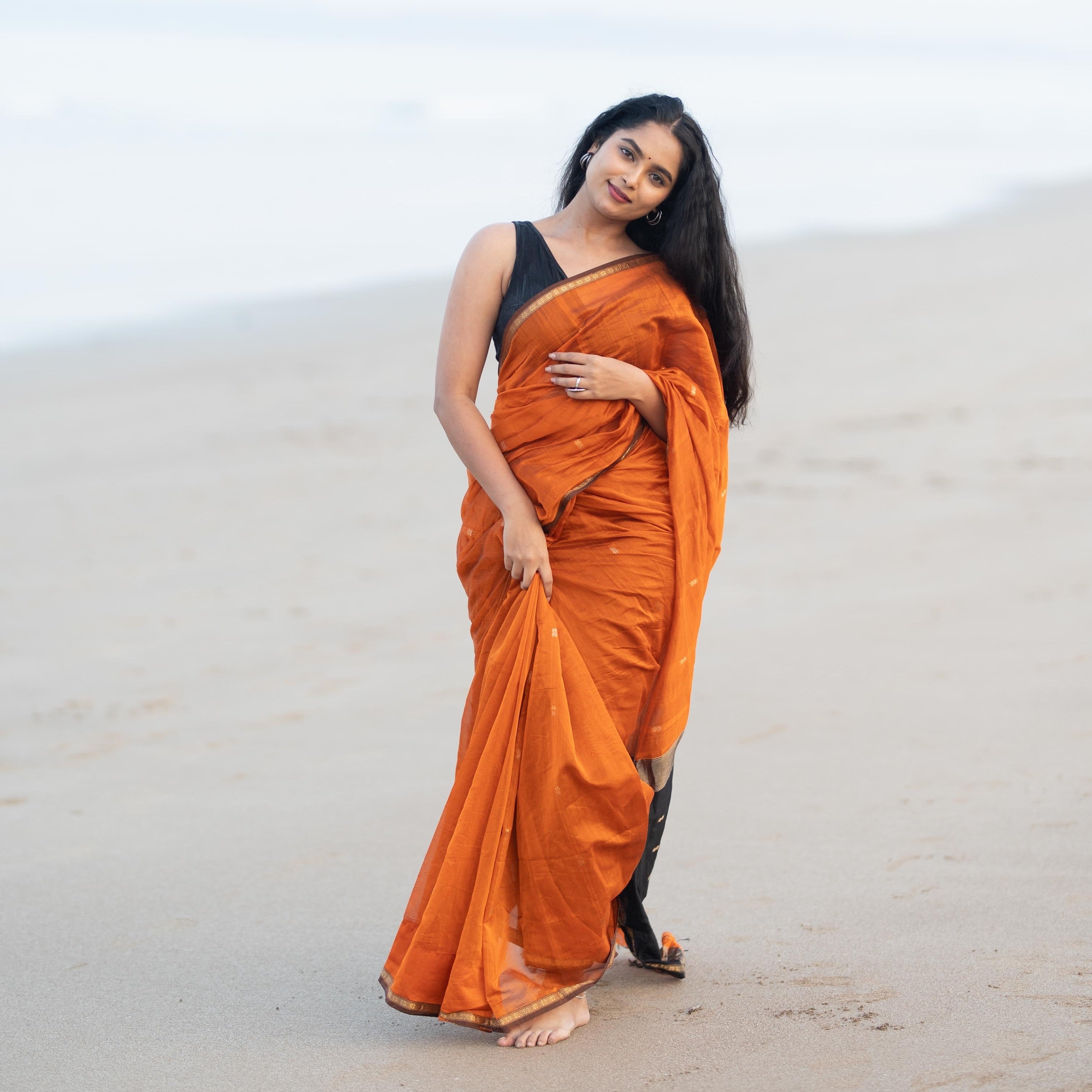 Elegant Orange  Saree with Black Border for Women