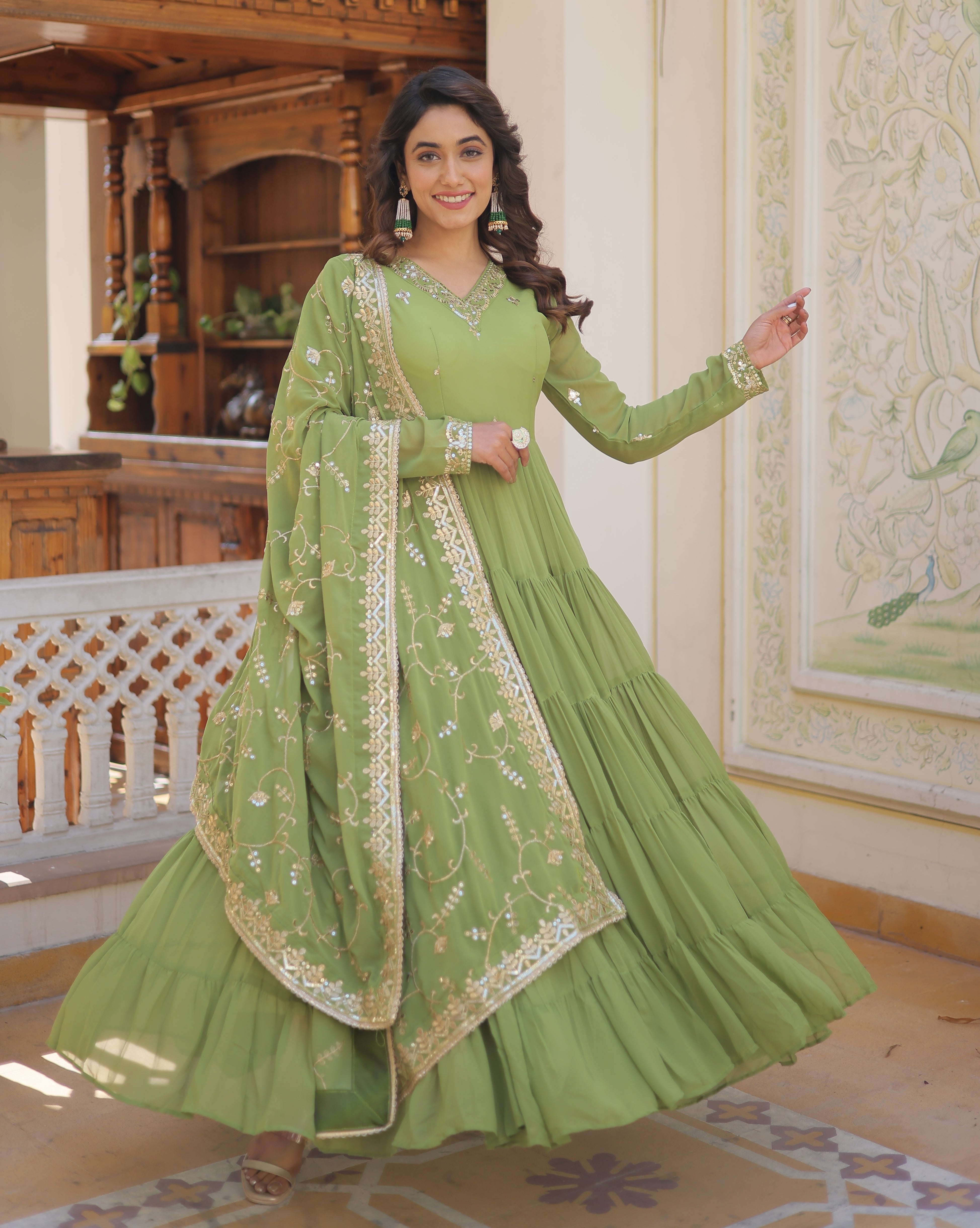 Elegant Pista Green Tiered Anarkali Gown with Gota Patti Dupatta
