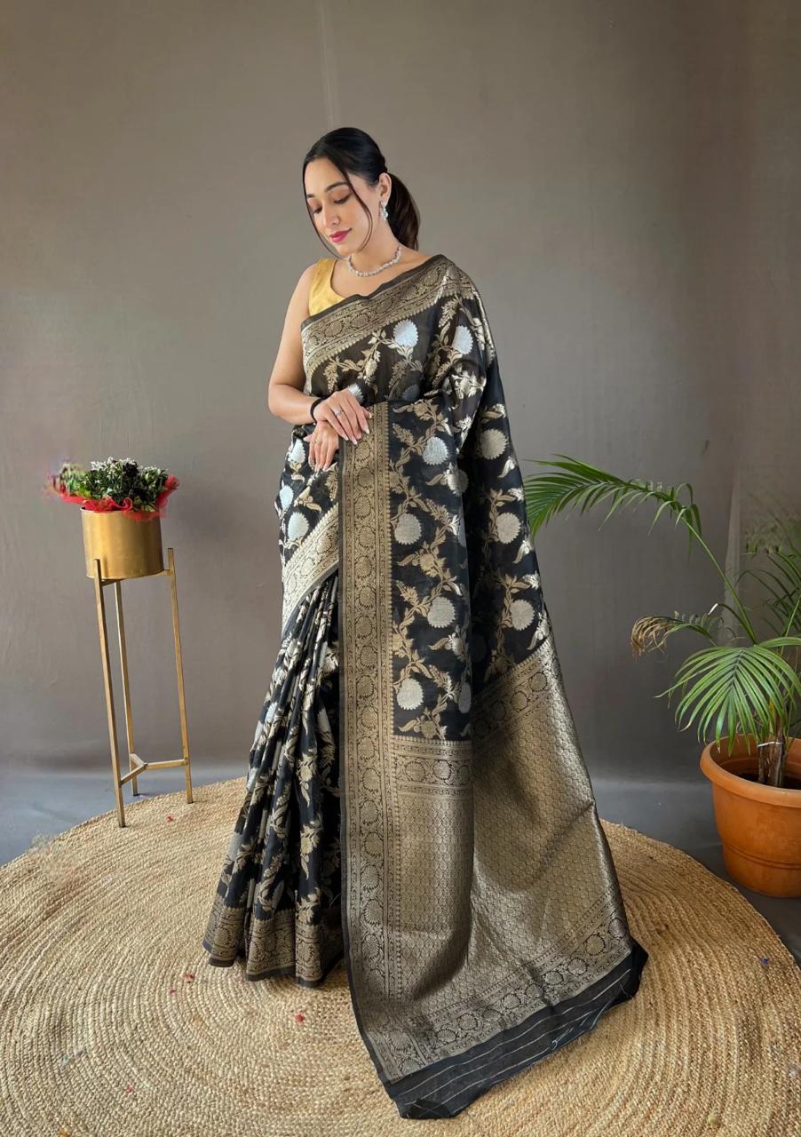 Elegant Silk Saree with Floral Motifs & Rich Zari Border 