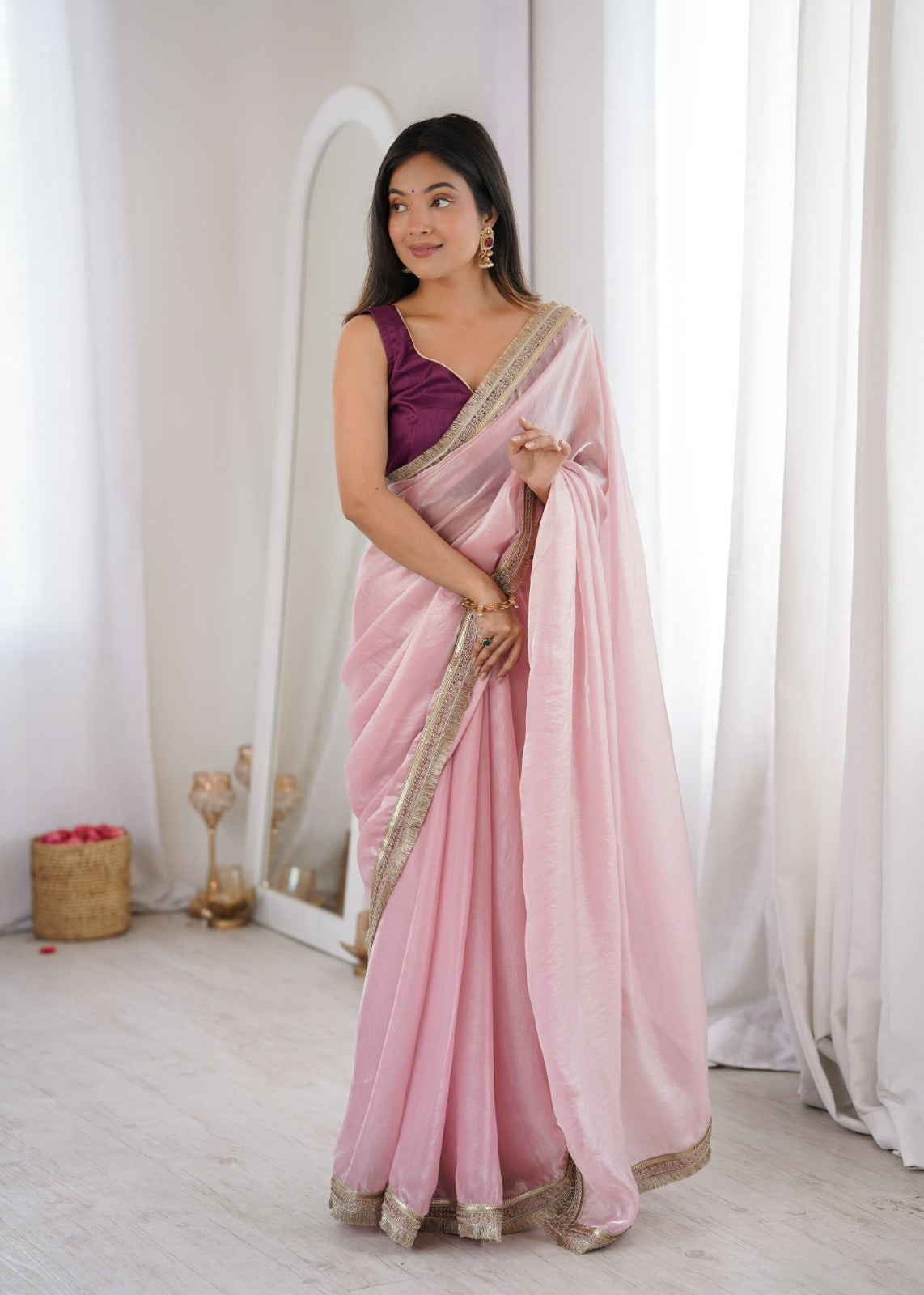 Elegant Silk Saree with Gold Border & Designer Blouse for Women