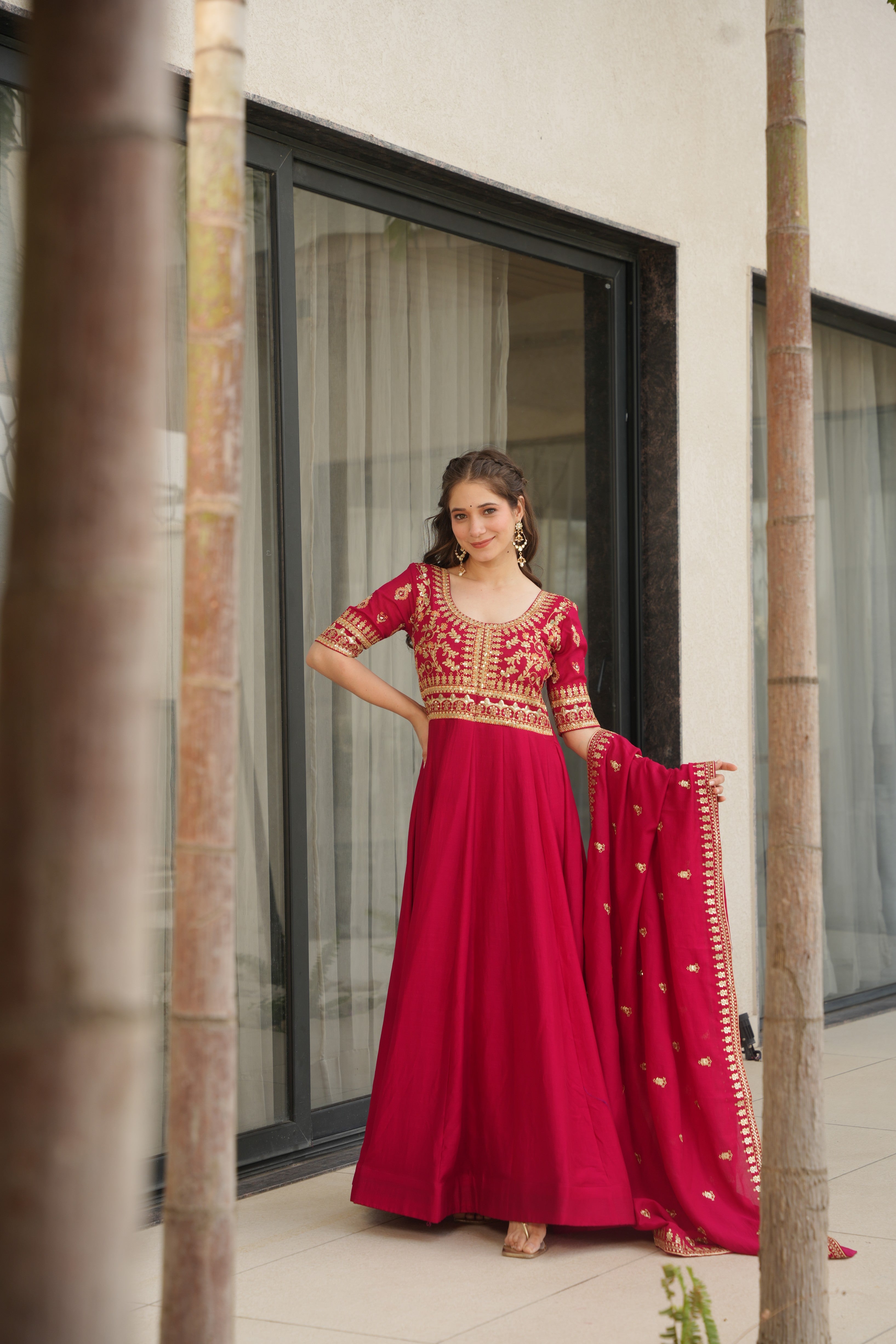 Embroidered Anarkali Kurti with Dupatta for Women