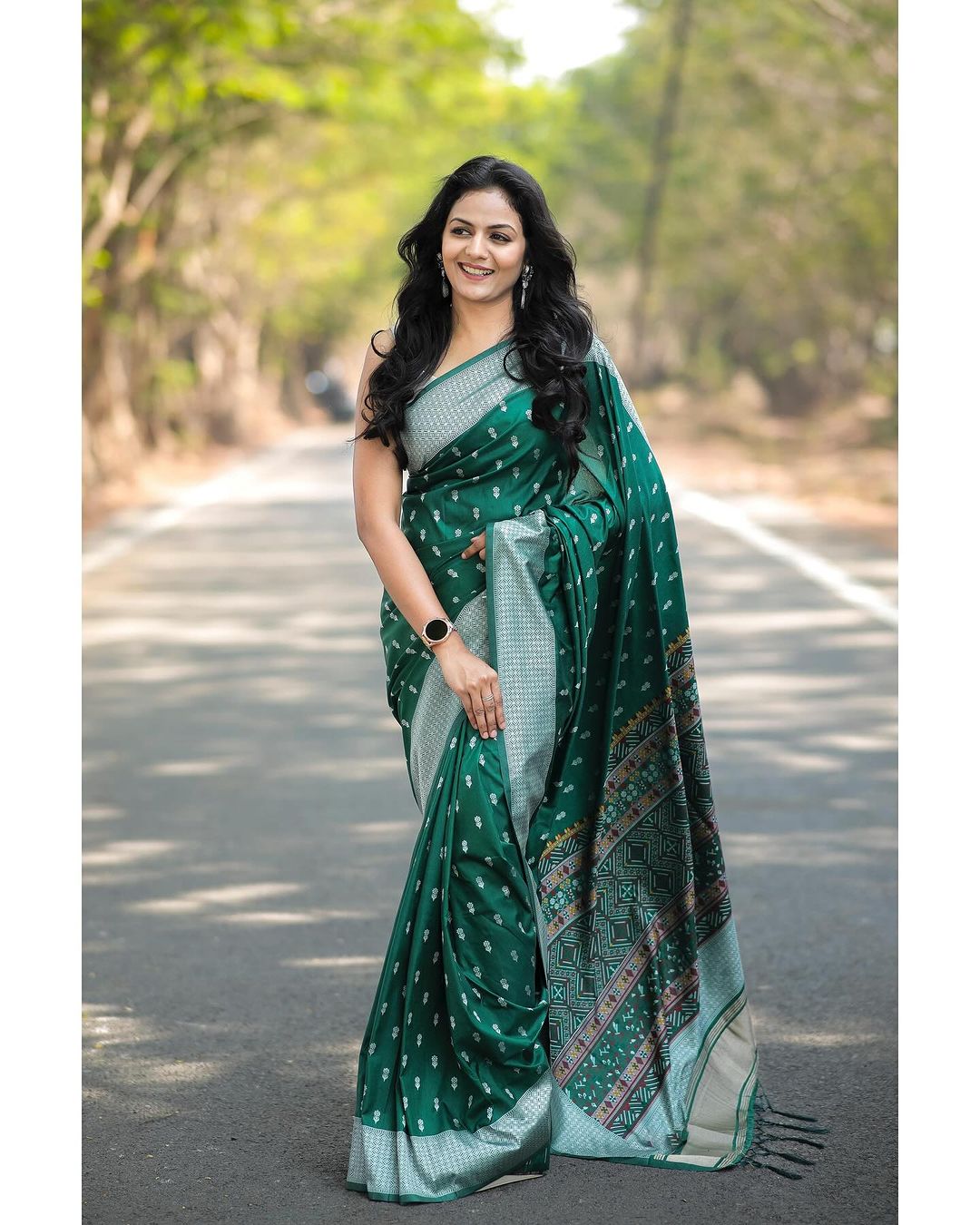 Emerald Green Cotton Silk Saree with Silver Border