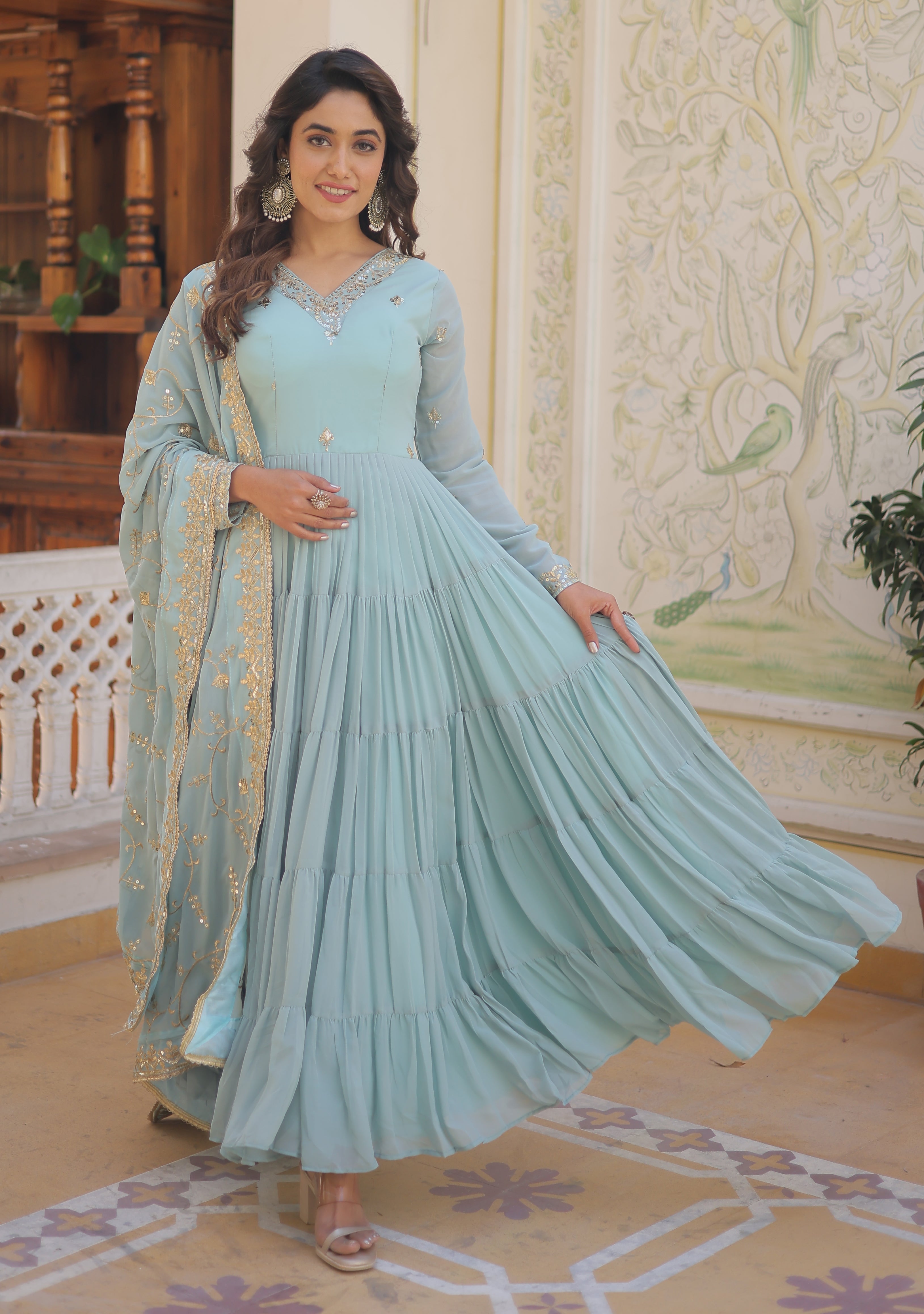 Ethereal Sky Blue Tiered Anarkali Gown with Zari Embroidered Dupatta